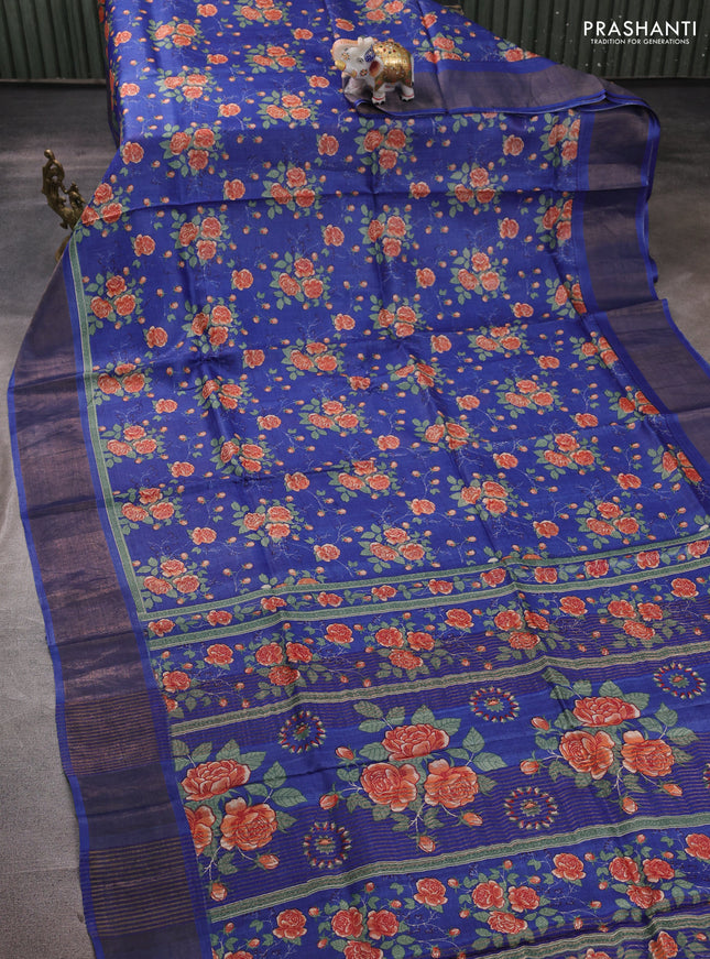 Pure tussar silk saree blue with allover floral prints and zari woven border
