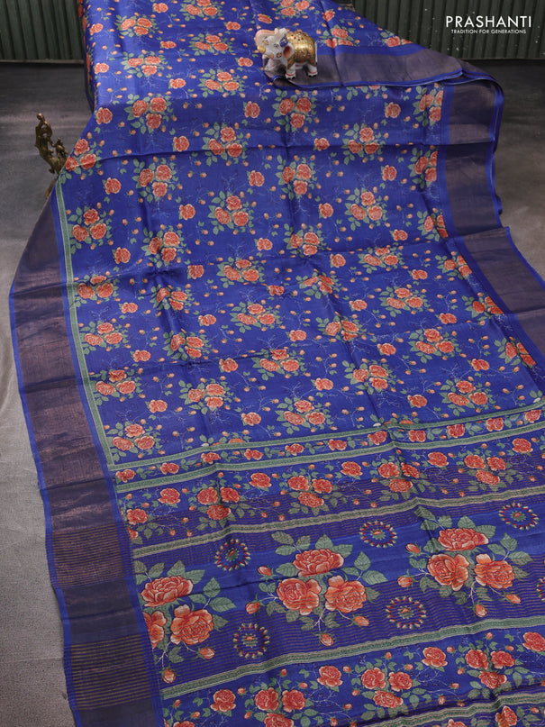 Pure tussar silk saree blue with allover floral prints and zari woven border