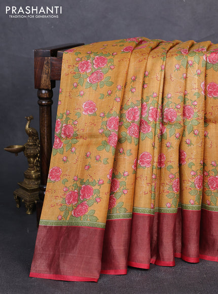 Pure tussar silk saree mustard yellow and red with allover floral prints and zari woven border