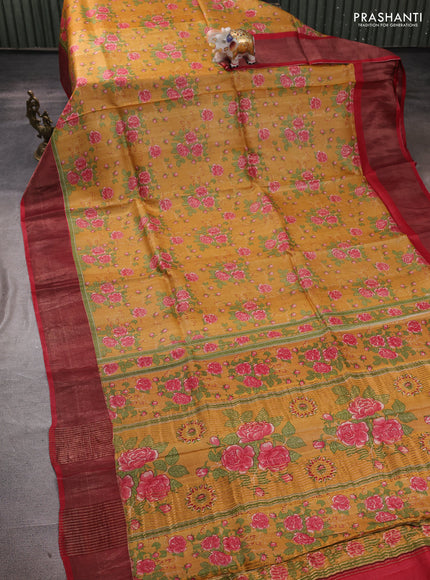 Pure tussar silk saree mustard yellow and red with allover floral prints and zari woven border