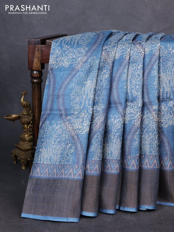 Pure tussar silk saree cs blue with allover prints and zari woven border