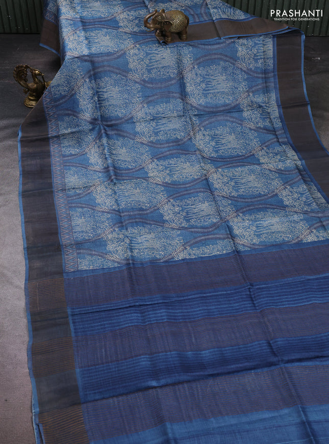 Pure tussar silk saree cs blue with allover prints and zari woven border