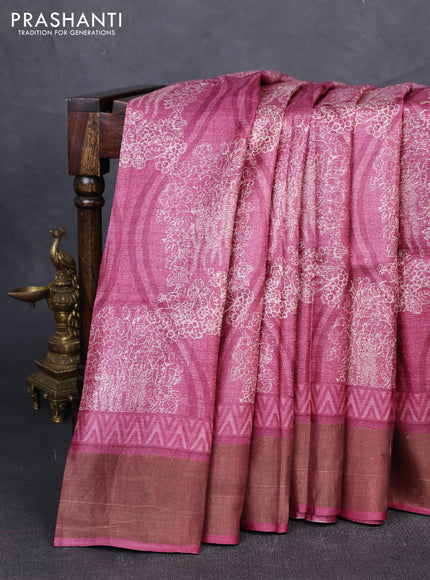 Pure tussar silk saree pink shade with allover prints and zari woven border