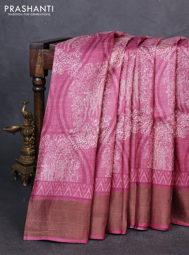 Pure tussar silk saree pink shade with allover prints and zari woven border