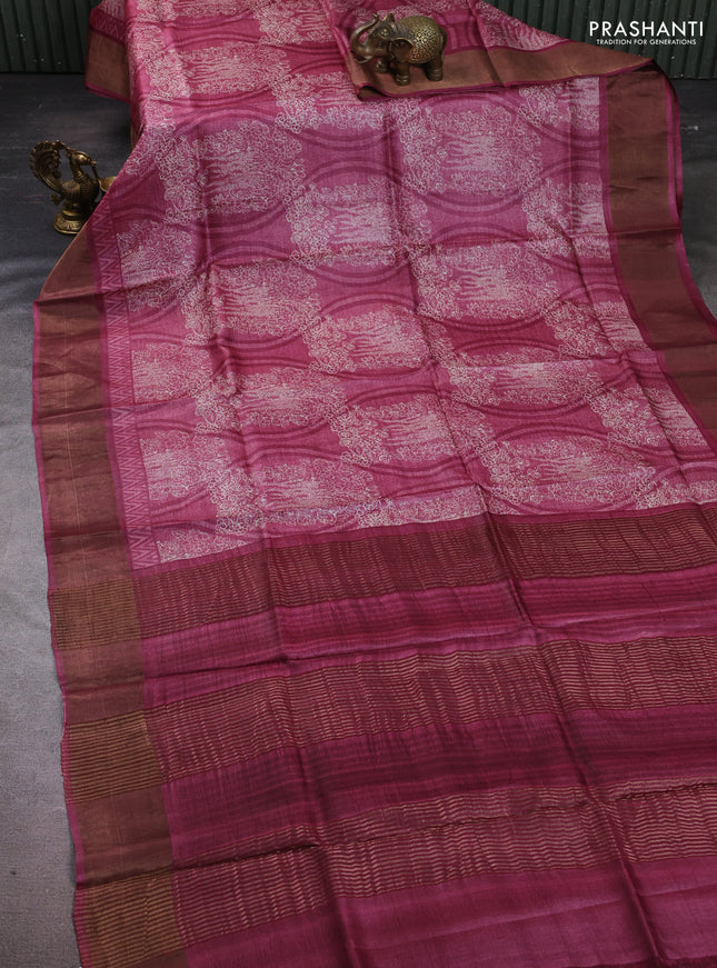 Pure tussar silk saree pink shade with allover prints and zari woven border