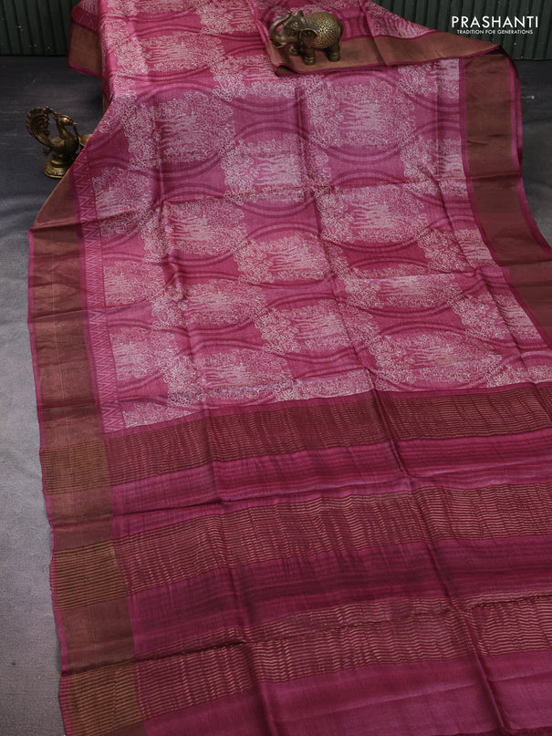 Pure tussar silk saree pink shade with allover prints and zari woven border