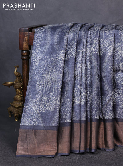 Pure tussar silk saree grey with allover prints and zari woven border