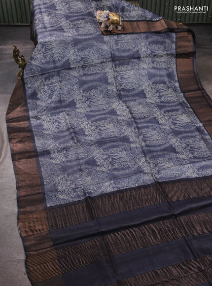 Pure tussar silk saree grey with allover prints and zari woven border