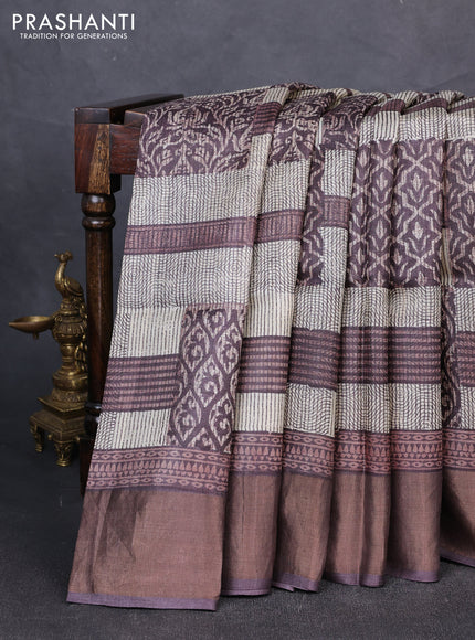 Pure tussar silk saree cream with allover prints and zari woven border