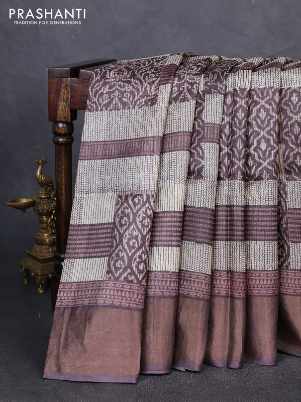Pure tussar silk saree cream with allover prints and zari woven border