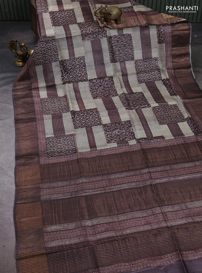 Pure tussar silk saree cream with allover prints and zari woven border