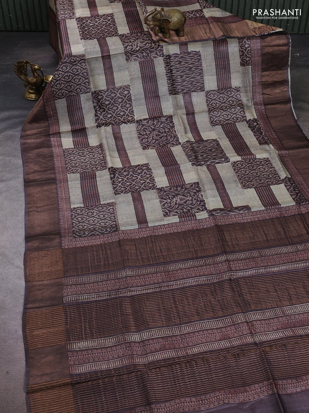Pure tussar silk saree cream with allover prints and zari woven border