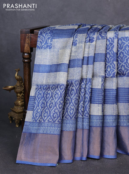 Pure tussar silk saree cream and blue with allover prints and zari woven border