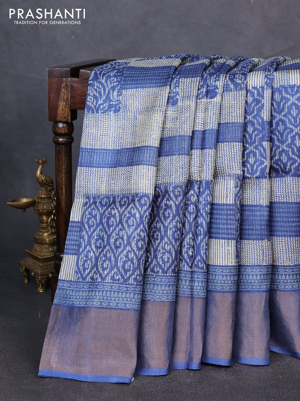 Pure tussar silk saree cream and blue with allover prints and zari woven border