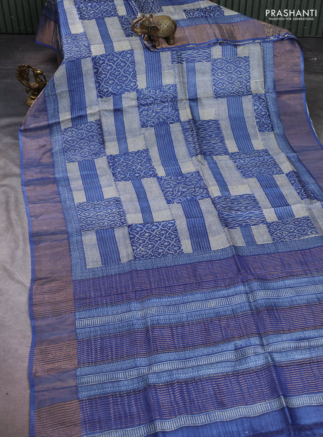 Pure tussar silk saree cream and blue with allover prints and zari woven border