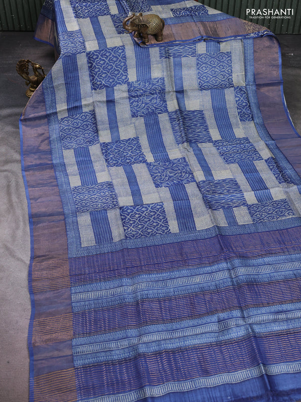 Pure tussar silk saree cream and blue with allover prints and zari woven border