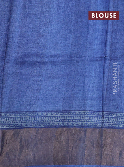 Pure tussar silk saree cream and blue with allover prints and zari woven border