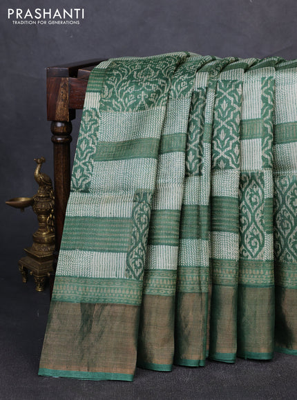 Pure tussar silk saree cream and green with allover prints and zari woven border