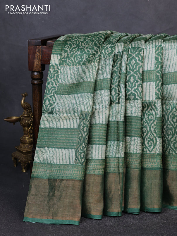 Pure tussar silk saree cream and green with allover prints and zari woven border