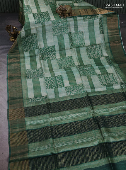 Pure tussar silk saree cream and green with allover prints and zari woven border