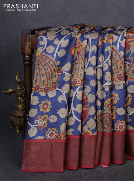 Pure tussar silk saree blue and maroon with allover kalamkari prints and zari woven border