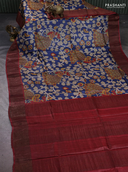Pure tussar silk saree blue and maroon with allover kalamkari prints and zari woven border