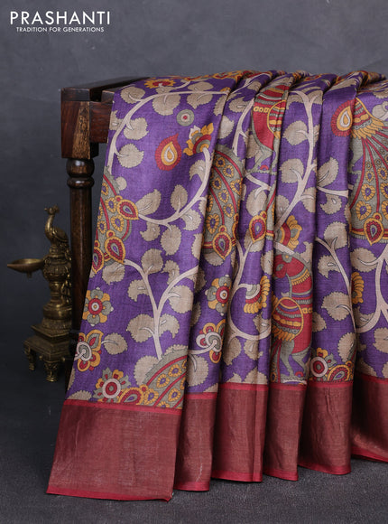 Pure tussar silk saree purple and maroon with allover kalamkari prints and zari woven border