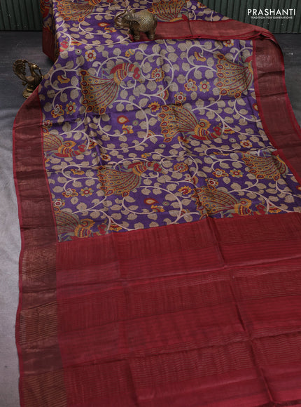 Pure tussar silk saree purple and maroon with allover kalamkari prints and zari woven border