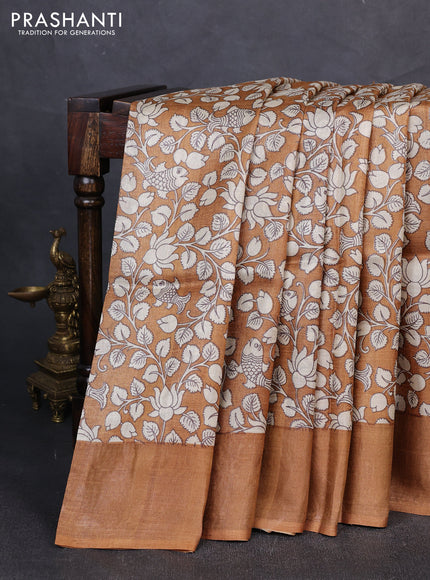 Pure tussar silk saree dark mustard with allover kalamkari prints and zari woven border