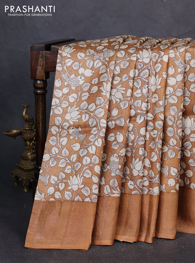 Pure tussar silk saree dark mustard with allover kalamkari prints and zari woven border