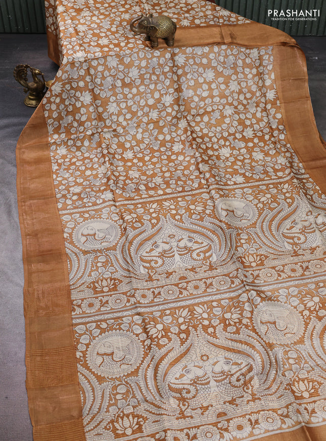 Pure tussar silk saree dark mustard with allover kalamkari prints and zari woven border
