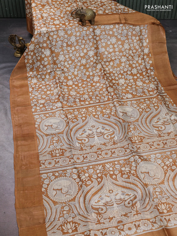 Pure tussar silk saree dark mustard with allover kalamkari prints and zari woven border