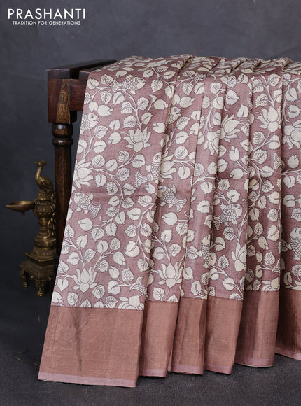 Pure tussar silk saree pastel brown with allover kalamkari prints and zari woven border