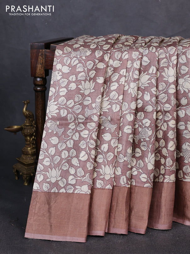 Pure tussar silk saree pastel brown with allover kalamkari prints and zari woven border