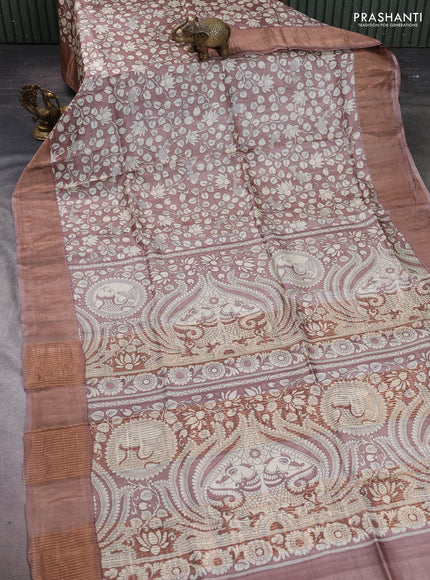 Pure tussar silk saree pastel brown with allover kalamkari prints and zari woven border