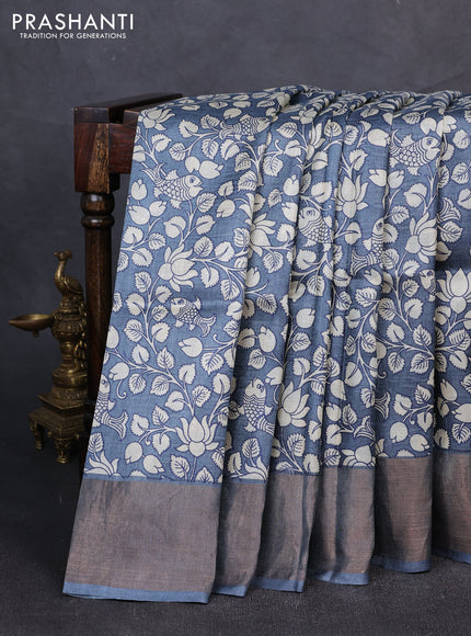 Pure tussar silk saree grey with allover kalamkari prints and zari woven border
