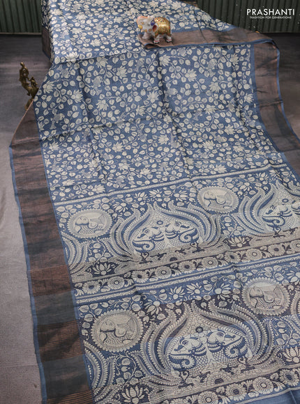 Pure tussar silk saree grey with allover kalamkari prints and zari woven border