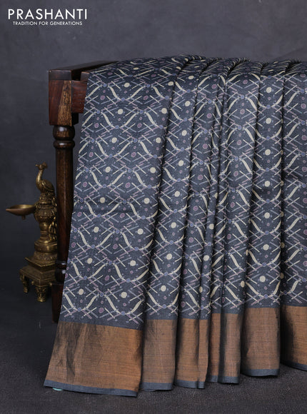 Pure tussar silk saree black with allover geometric prints and zari woven border