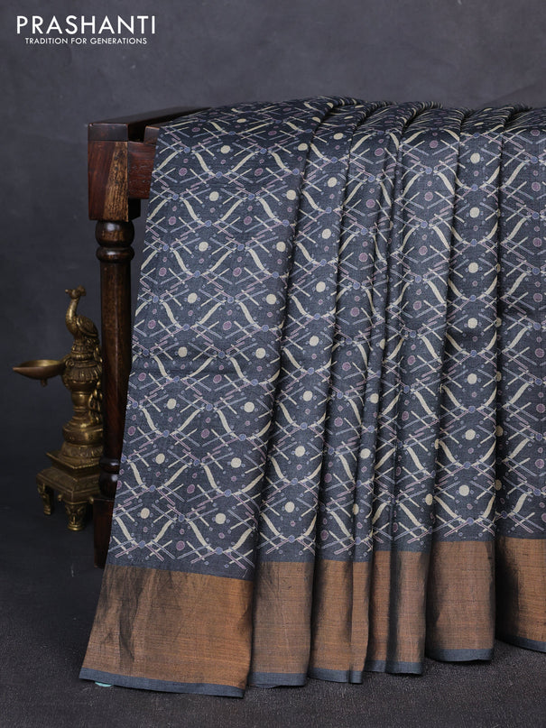 Pure tussar silk saree black with allover geometric prints and zari woven border