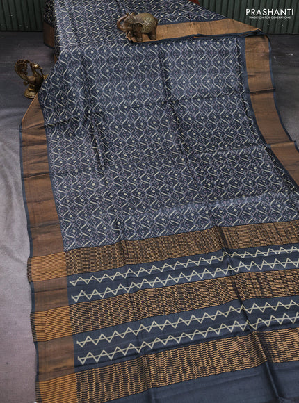 Pure tussar silk saree black with allover geometric prints and zari woven border