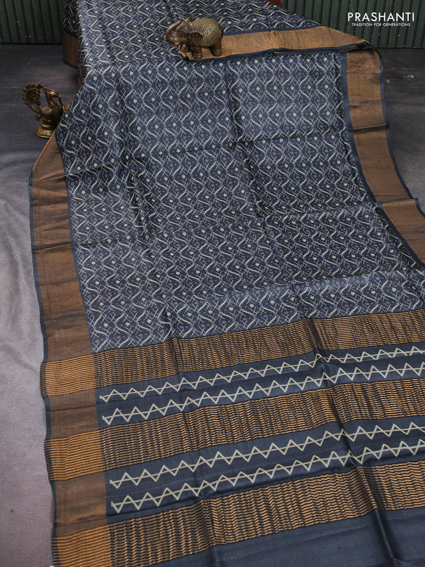 Pure tussar silk saree black with allover geometric prints and zari woven border