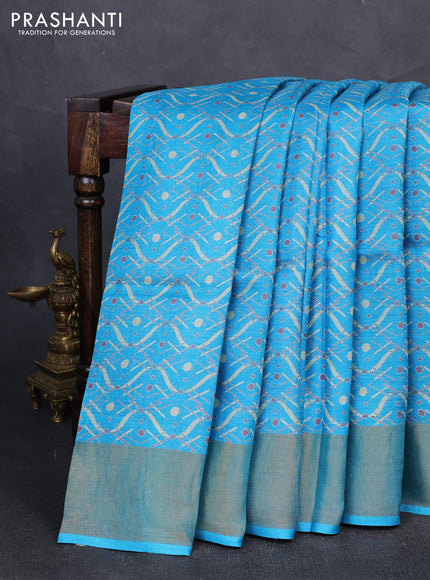 Pure tussar silk saree cs blue with allover geometric prints and zari woven border
