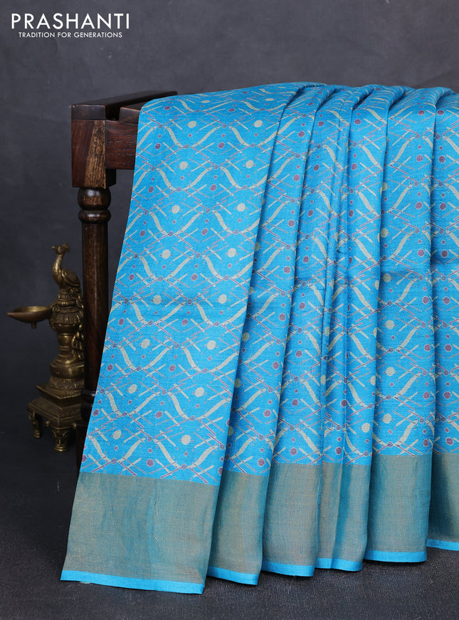 Pure tussar silk saree cs blue with allover geometric prints and zari woven border