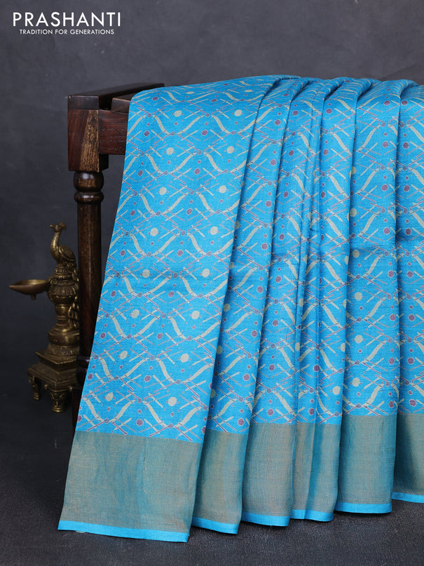 Pure tussar silk saree cs blue with allover geometric prints and zari woven border