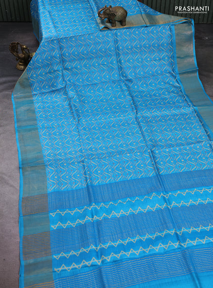 Pure tussar silk saree cs blue with allover geometric prints and zari woven border