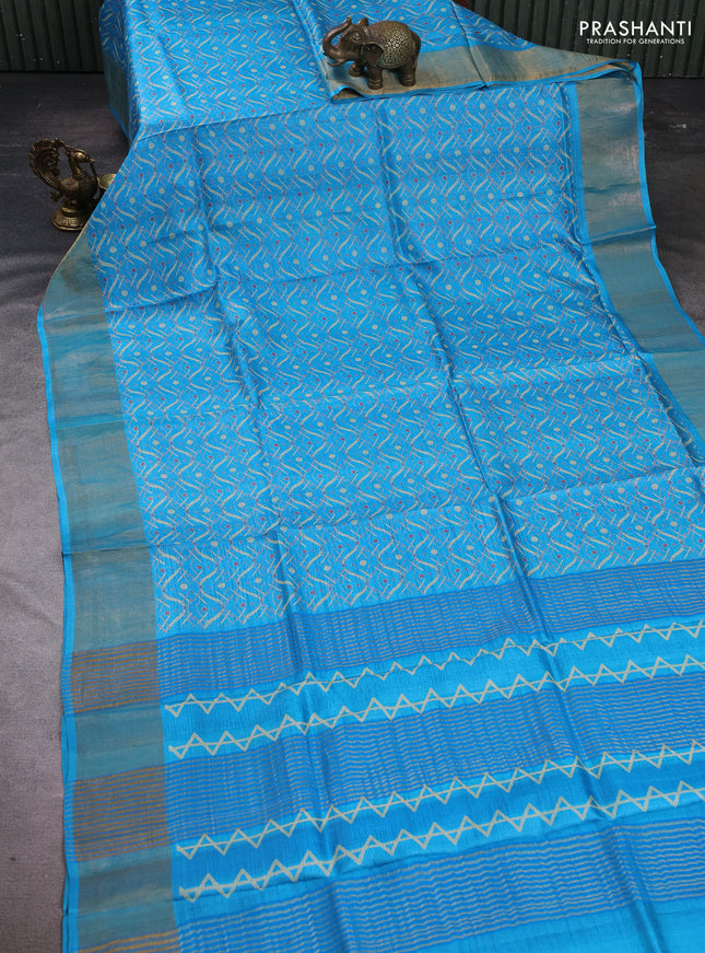 Pure tussar silk saree cs blue with allover geometric prints and zari woven border