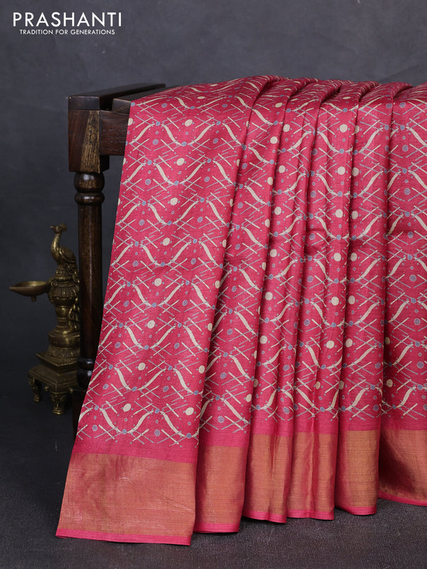Pure tussar silk saree tomato pink with allover geometric prints and zari woven border