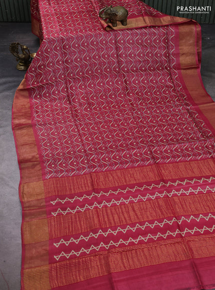 Pure tussar silk saree tomato pink with allover geometric prints and zari woven border