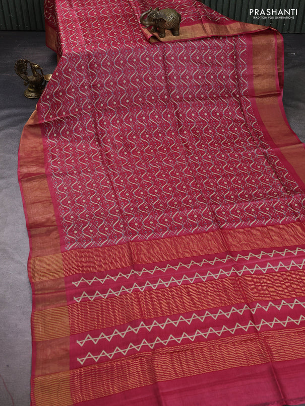 Pure tussar silk saree tomato pink with allover geometric prints and zari woven border