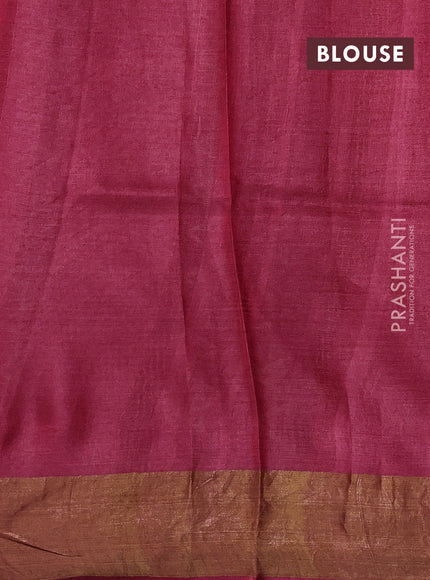 Pure tussar silk saree tomato pink with allover geometric prints and zari woven border